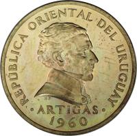 obverse of 5 Centésimos (1960) coin with KM# 38 from Uruguay. Inscription: REPUBLICA ORIENTAL DEL URUGUAY .ARTIGAS. 1960