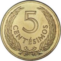 reverse of 5 Centésimos (1960) coin with KM# 38 from Uruguay. Inscription: 5 CENT · SIMOS