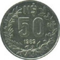 reverse of 50 Nuevo Pesos (1989) coin with KM# 94 from Uruguay. Inscription: N$ 50 1989