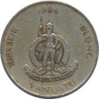 obverse of 100 Vatu (1988 - 2008) coin with KM# 9 from Vanuatu. Inscription: 1988 RIPABLIK BLONG VANUATU LONG GOD YUMI STANAP