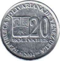 Venezuela coin 20 Bolívares (2001 - 2004) reverse reverse of 20 Bolívares (2001 - 2004) coin with Y# 81a from Venezuela. Inscription: REPÚBLICA BOLIVARIANA DE VENEZUELA 20 BOLIVARES · 2002 ·