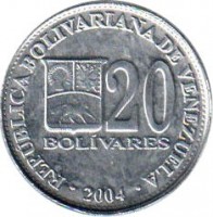 reverse of 20 Bolívares (2001 - 2004) coin with Y# 81a from Venezuela. Inscription: REPÚBLICA BOLIVARIANA DE VENEZUELA 20 BOLIVARES · 2002 ·