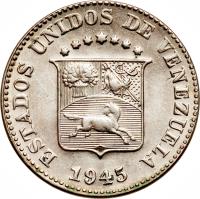 Venezuela coin 5 Céntimos (1945 - 1948) obverse obverse of 5 Céntimos (1945 - 1948) coin with Y# 29a from Venezuela. Inscription: ESTADOS UNIDOS DE VENEZUELA 1946