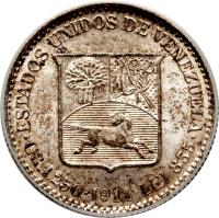 reverse of 1/4 Bolívar (1894 - 1948) coin with Y# 20 from Venezuela. Inscription: ESTADOS UNIDOS DE VENEZUELA · GR.1.250 · 1944 · LEI 835 ·