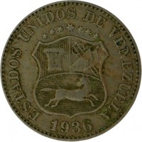 Venezuela coin 5 Céntimos (1896 - 1938) obverse obverse of 5 Céntimos (1896 - 1938) coin with Y# 27 from Venezuela. Inscription: ESTADOS UNIDOS DE VENEZUELA 1936