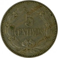 Venezuela coin 5 Céntimos (1896 - 1938) reverse reverse of 5 Céntimos (1896 - 1938) coin with Y# 27 from Venezuela. Inscription: 5 CENTIMOS