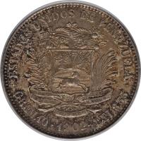 reverse of 2 Bolívares (1879 - 1936) coin with Y# 23 from Venezuela. Inscription: ESTADOS UNIDOS DE VENEZUELA GRAM.10 * 1936 * LEI 835