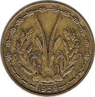 Western Africa (BCEAO) coin 10 Francs (1959) obverse obverse of 10 Francs (1959) coin with KM# 1 from Western Africa (BCEAO). Inscription: 1959