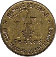 Western Africa (BCEAO) coin 10 Francs (1959) reverse reverse of 10 Francs (1959) coin with KM# 1 from Western Africa (BCEAO). Inscription: 10 FRANCS BANQUE CENTRALE ETATS DE L'AFRIQUE DE L'OUEST