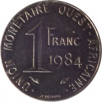 Western Africa (BCEAO) coin 1 Franc (1976 - 2002) reverse reverse of 1 Franc (1976 - 2002) coin with KM# 8 from Western Africa (BCEAO). Inscription: UNION MONETAIRE OUEST-AFRICAINE 1 FRANC 1984