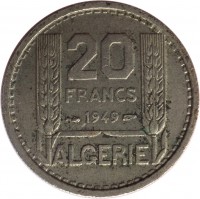 Algeria coin 20 Francs (1949 - 1956) reverse reverse of 20 Francs (1949 - 1956) coin with KM# 91 from Algeria. Inscription: 20 FRANCS 1949 ALGERIE