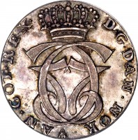 Denmark coin 1/4 Speciedaler - Christian VII (1769) obverse obverse of 1/4 Speciedaler - Christian VII (1769) coin with KM# 604 from Denmark. Inscription: D · G · DAN · NOR · VAN · GOT · REX ·