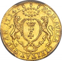 Danzig coin 1 Ducat - August III (1734) reverse reverse of 1 Ducat - August III (1734) coin with KM# 95 from Danzig. Inscription: MON:AVREA CIVITAT:GEDAN 1734