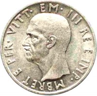 obverse of 5 Lek - Vittorio Emanuele III (1939) coin with KM# 33 from Albania. Inscription: VITT · EM · III RE E IMP · MBRET E PER ·