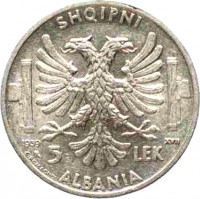 reverse of 5 Lek - Vittorio Emanuele III (1939) coin with KM# 33 from Albania. Inscription: SHQIPNI 1940 XVIII 5 LEK ALBANIA