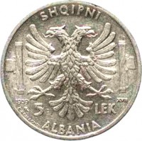 Albania coin 5 Lek - Vittorio Emanuele III (1939) reverse reverse of 5 Lek - Vittorio Emanuele III (1939) coin with KM# 33 from Albania. Inscription: SHQIPNI 1940 XVIII 5 LEK ALBANIA