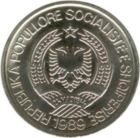 obverse of 2 Lekë (1989) coin with KM# 73 from Albania. Inscription: REPUBLIKA POPULLORE SOCIALISTE E SHQIPERISE 24 MAJ 1944 1989