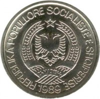 Albania coin 2 Lekë (1989) obverse obverse of 2 Lekë (1989) coin with KM# 73 from Albania. Inscription: REPUBLIKA POPULLORE SOCIALISTE E SHQIPERISE 24 MAJ 1944 1989
