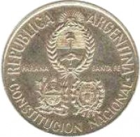 obverse of 2 Pesos - National Constitution Convention (1994) coin with KM# 114 from Argentina. Inscription: .REPUBLICA ARGENTINA. PARANA SANTA FE CONSTITUCION NACIONAL