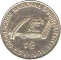 Argentina coin 2 Pesos - National Constitution Convention (1994) reverse reverse of 2 Pesos - National Constitution Convention (1994) coin with KM# 114 from Argentina. Inscription: .CONVENCION NACIONAL CONSTITUYENTE. $2 25.V.1994