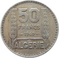 Algeria coin 50 Francs (1949) reverse reverse of 50 Francs (1949) coin with KM# 92 from Algeria. Inscription: 50 FRANCS 1949 ALGERIE