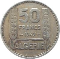 reverse of 50 Francs (1949) coin with KM# 92 from Algeria. Inscription: 50 FRANCS 1949 ALGERIE