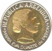 obverse of 1 Peso - Women's Vote (1997) coin with KM# 122 from Argentina. Inscription: REPUBLICA ARGENTINA MARIA EVA DUARTE de PERON