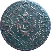 reverse of 15 Kreuzer - Franz II (1807) coin with KM# 2138 from Austria. Inscription: FUNFZEHEN KREUTZER	ERBLAENDISCH · 1807 · WIENER ST. BAMCO ZET · 	THEILUNG · MUNZ Z · 15 · 15	15 15