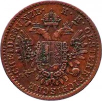 obverse of 1/2 Kreuzer - Franz Joseph I (1851) coin with KM# 2181 from Austria. Inscription: K · K · OESTERREICHISCHE SCHEIDEMUNZE ·