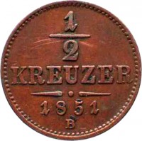 Austria coin 1/2 Kreuzer - Franz Joseph I (1851) reverse reverse of 1/2 Kreuzer - Franz Joseph I (1851) coin with KM# 2181 from Austria. Inscription: 1 - 2 KREUZER 1851 B