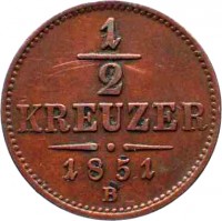 reverse of 1/2 Kreuzer - Franz Joseph I (1851) coin with KM# 2181 from Austria. Inscription: 1 - 2 KREUZER 1851 B