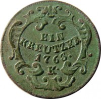 reverse of 1 Kreuzer - Maria Theresa (1760 - 1765) coin with KM# 1993 from Austria. Inscription: EIN KREUTZER 1763 K