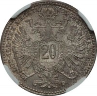 reverse of 20 Kreuzer - Franz Joseph I (1868 - 1872) coin with KM# 2212 from Austria. Inscription: HVNGAR · BOHEM · GAL · LOD · ILL · REX A · A · 1869 20