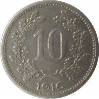 Austria coin 10 Heller - Karl I - Shield with Austrian flag (1916) reverse reverse of 10 Heller - Karl I - Shield with Austrian flag (1916) coin with KM# 2825 from Austria. Inscription: 10 1916
