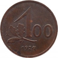 reverse of 100 Kronen (1923 - 1924) coin with KM# 2832 from Austria. Inscription: 100 1924