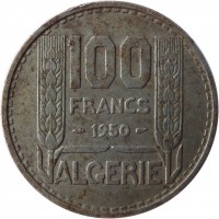 Algeria coin 100 Francs (1950 - 1952) reverse reverse of 100 Francs (1950 - 1952) coin with KM# 93 from Algeria. Inscription: 100 FRANCS 1950 ALGERIE