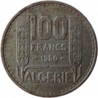 reverse of 100 Francs (1950 - 1952) coin with KM# 93 from Algeria. Inscription: 100 FRANCS 1950 ALGERIE