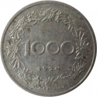 reverse of 1000 Kronen (1924) coin with KM# 2834 from Austria. Inscription: 1000 1924