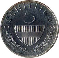 Austria coin 5 Schilling (1960 - 1968) reverse reverse of 5 Schilling (1960 - 1968) coin with KM# 2889 from Austria. Inscription: SCHILLING 5 19 65
