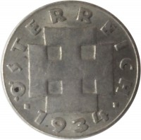 obverse of 5 Groschen (1931 - 1938) coin with KM# 2846 from Austria. Inscription: ÖSTERREICH · 1934 ·