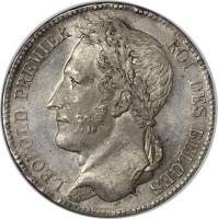 obverse of 5 Francs - Leopold I (1832 - 1849) coin with KM# 3 from Belgium. Inscription: LEOPOLD PREMIER ROI DES BELGES BRAEMT P.