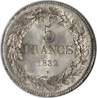 Belgium coin 5 Francs - Leopold I (1832 - 1849) reverse reverse of 5 Francs - Leopold I (1832 - 1849) coin with KM# 3 from Belgium. Inscription: 5 FRANCS 1832 *