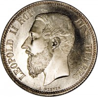 obverse of 2 Francs - Leopold II (1866 - 1868) coin with KM# 30 from Belgium. Inscription: LEOPOLD II ROI DES BELGES L WIENER