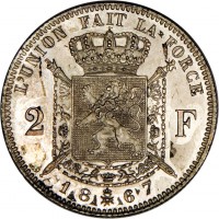 reverse of 2 Francs - Leopold II (1866 - 1868) coin with KM# 30 from Belgium. Inscription: L'UNION FAIT LA FORCE 2F 18 67