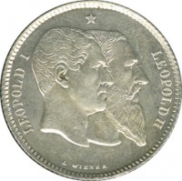 obverse of 1 Franc - Leopold II - Independence (1880) coin with KM# 38 from Belgium. Inscription: LEOPOLD I * LEOPOLD II L. WIENER