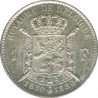 Belgium coin 1 Franc - Leopold II - Independence (1880) reverse reverse of 1 Franc - Leopold II - Independence (1880) coin with KM# 38 from Belgium. Inscription: ROYAUME DE BELGIQUE 1F 1830 1880