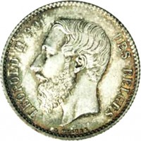 obverse of 1 Franc - Leopold II - French text (1866 - 1886) coin with KM# 28 from Belgium. Inscription: LEOPOLD II ROI DES BELGES L WIENER