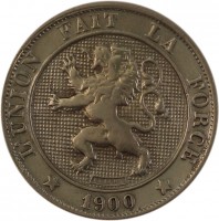 obverse of 5 Centimes - Leopold II - French text (1894 - 1901) coin with KM# 40 from Belgium. Inscription: L'UNION FAIT LA FORCE * 1900 *