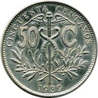 reverse of 50 Centavos (1939) coin with KM# 182 from Bolivia. Inscription: CINCUENTA CENTAVOS 50 C 1939