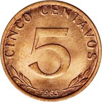 reverse of 5 Centavos (1965 - 1970) coin with KM# 187 from Bolivia. Inscription: CINCO CENTAVOS 5 1965